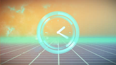 Digital Clock Animation with Neon Overlay on Futuristic Grid