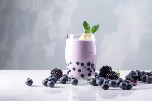 Berry smoothie and berries on grey background, created using generative ai technology. Fruit smoothie, food and drink, healthy eating concept digitally generated image.