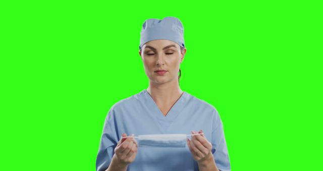 Female surgeon in blue medical uniform seriously focusing on preparing face mask on isolated green screen background. Perfect for use in healthcare, medical, and safety-related materials or advertisements to showcase professional readiness and attention to hygiene protocols.