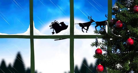 Santa and Sleigh Through Frosted Winter Window