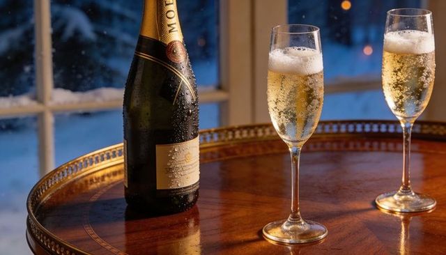 Dewy champagne bottle resting on brass-rimmed table with sparkling flutes by snowy window