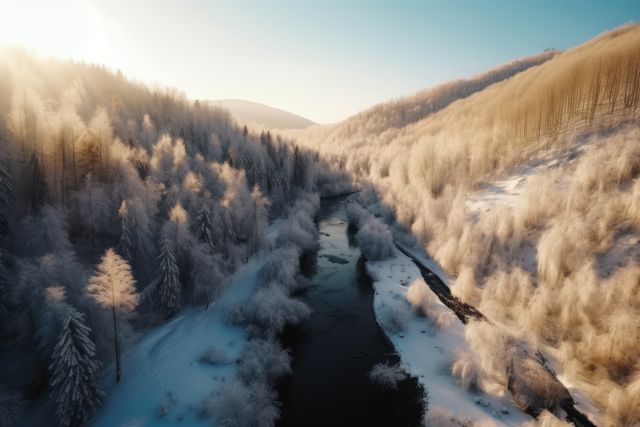 Aerial shot of river in forest, created using generative ai technology. Landscape, winter, tranquillity and nature concept digitally generated image.