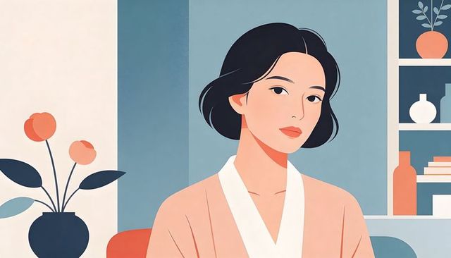Young woman wearing pink robe sitting in pastel minimalist living room with vase and shelves