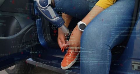 Empowered mobility: woman with prosthetic managing ties with ar display