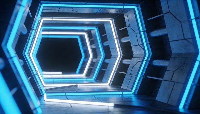 Camera dollying through futuristic hexagonal neon tunnel with cyan and white led rings