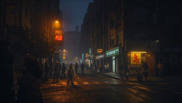 Pedestrians walking on rain-soaked neon street with wet crosswalk
