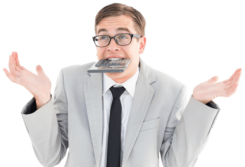 Transparent Businessman Biting Calculator with Confused Gesture - Download Free Stock Videos Pikwizard.com