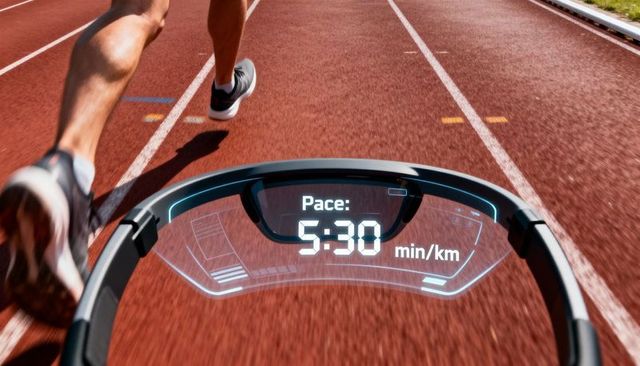 Wearable hud projecting 5:30 min/km pace on track, runner sprinting, fitness tech display
