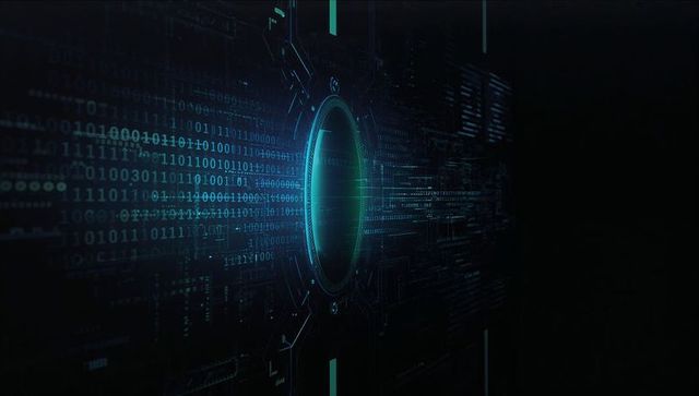 Futuristic digital hub with binary code and circuitry