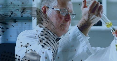 Senior scientist pipetting yellow-green solution into glassware with global data overlay
