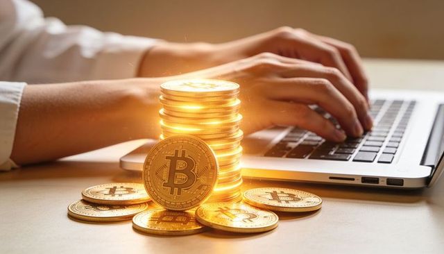 Glowing bitcoin coin stack on workspace with hands typing on laptop for crypto investment