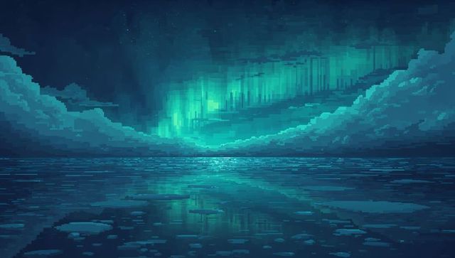 Glowing pixel art northern lights over icy ocean reflecting teal aurora