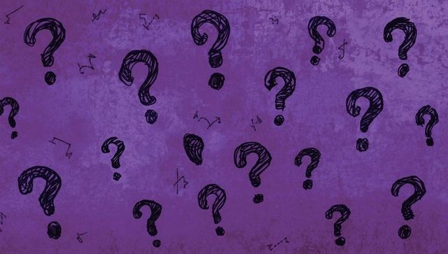 Hand-drawn question marks on textured purple background