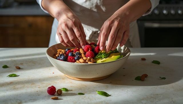 Home cook arranging colorful berry avocado almond bowl on sunlit kitchen countertop