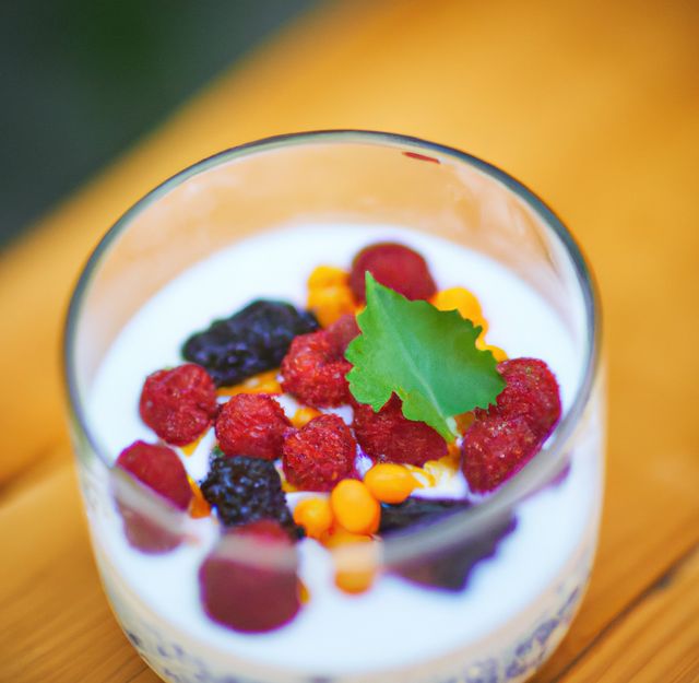 Simple yogurt parfait in glass on wooden table, topped with fresh berry mix including raspberries, blackberries, and sea buckthorn berries with a leaf garnish. Setting evokes rustic feel, perfect for breakfast, healthy snacks, nutrition blogs, or advertisement for natural diets.