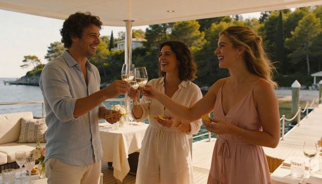 Friends toasting white wine on luxury yacht deck at sunset coastal summer celebration
