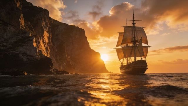 Three-masted tall ship gliding past rugged cliff at golden sunset