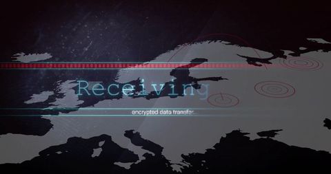 Receiving encrypted data across europe map cyber hud with radar targets, glitch neon ui
