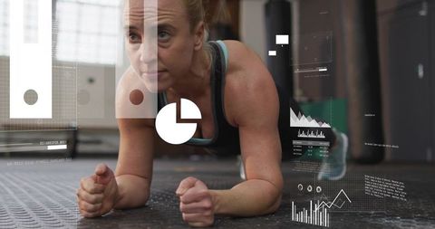 Woman holding forearm plank with fitness HUD overlay, training core and tracking performance