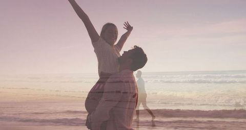 Romantic Sunset Beach Scene with Couple Embracing