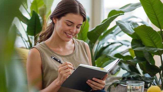 Young woman journaling on sunlit sofa surrounded by lush indoor plants