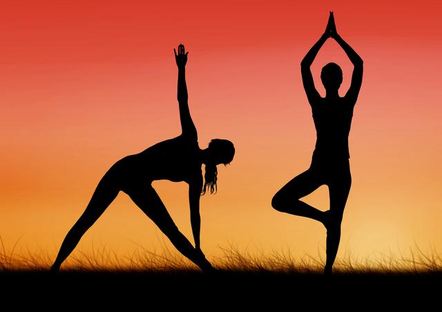 Silhouetted women performing yoga on grassy field against vibrant sunrise. Ideal for themes of tranquility, wellness and outdoor activities. Perfect for websites, marketing materials, and blog posts related to fitness, meditation and nature.