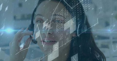 Customer support agent speaking with headset, futuristic data HUD overlays and analytics