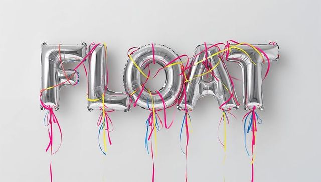 Silver letter balloons spelling float draped with bright ribbon streamers on minimalist gray wall