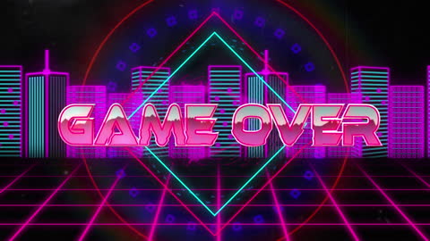 Retro Futurism Game Over Screen with Neon 3D City