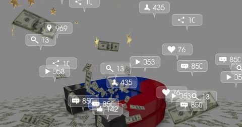 Magnet pulling us dollars and social media notifications showing engagement and revenue