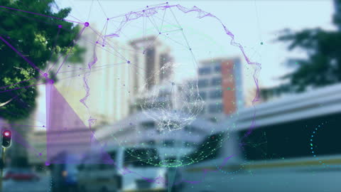 Digital Network Overlay of Globe in Busy Cityscape