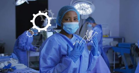 Female Surgeon Raising Gloved Hands Preparing for Surgery with Augmented Data Overlay