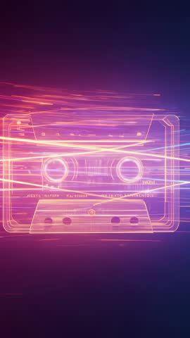 Glowing Neon Cassette Pulsing to Music with Retro-Futuristic Light Trails Vertical Video