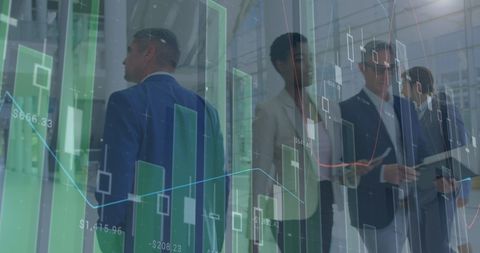 Business Professionals in Office with Digital Financial Graphics Overlay