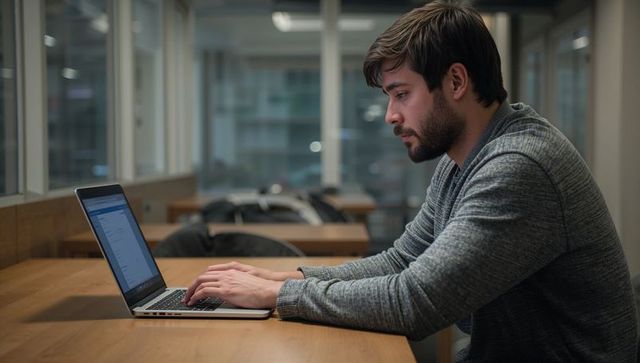 Focused young man working on laptop at coworking table by glass windows, late-night remote work