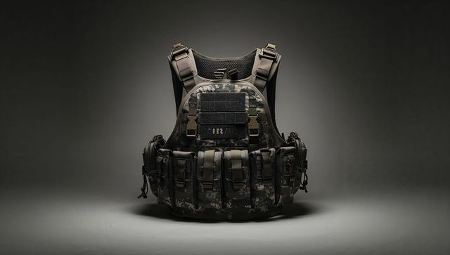 Camo plate carrier vest with pouches in studio