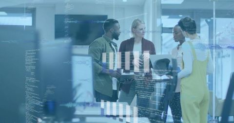 Diverse team collaborating around laptop with code overlays and analytics dashboards