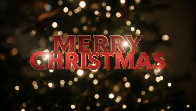 Glowing 3d merry christmas sign reflecting warm bokeh lights over evergreen tree