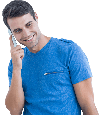 Smiling Man with Smartphone on Transparent Background