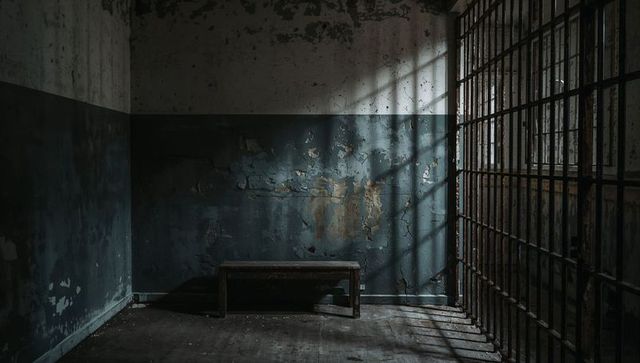 Abandoned Prison Cell Interior with Decaying Walls and Iron Bars