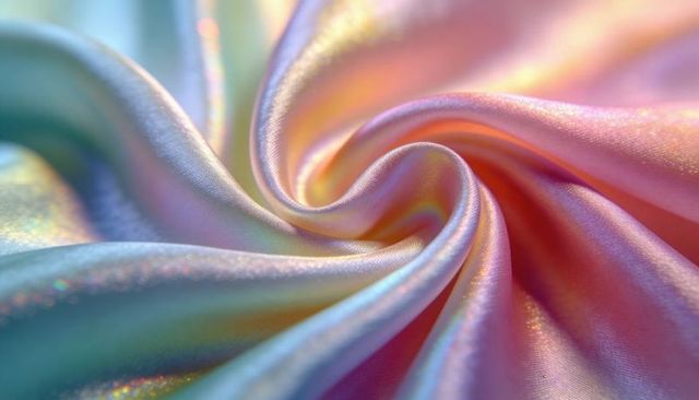 Swirling iridescent satin spiral with pastel pearl sheen macro texture