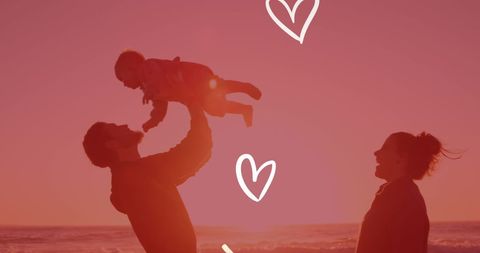 Family Bonding at Sunset with Playful Hearts Overlay