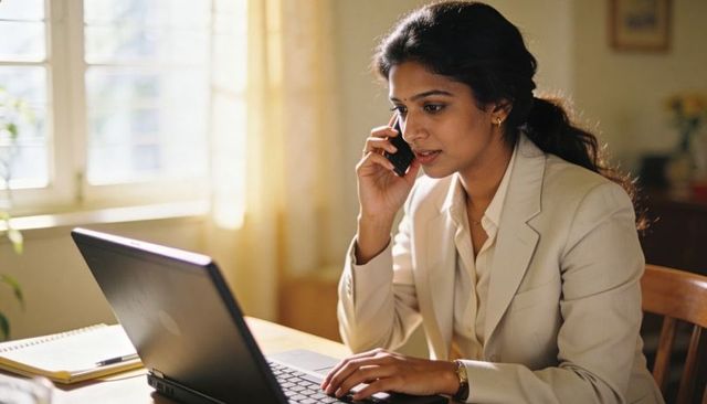 Professional woman calling and typing on laptop at home desk by sunlit window, remote work focus
