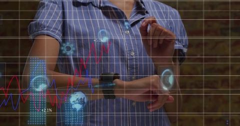 Woman Analyzing Data with High-Tech Smartwatch Interface