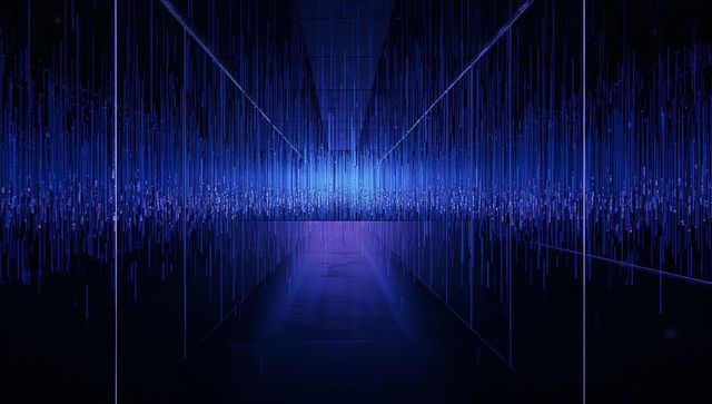 Neon digital corridor with vertical light streams, reflective floor, blue purple futuristic