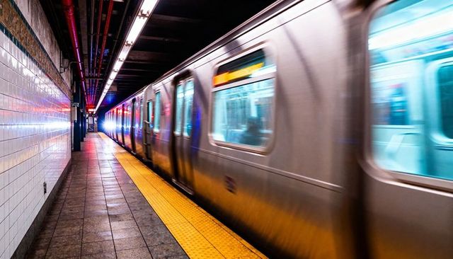Rushing subway train passing underground platform with neon reflections and motion blur