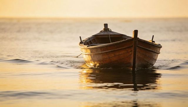 Weathered wooden rowboat reflecting golden dawn light, floating on calm coastal water