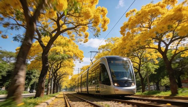 Gliding modern tram through golden blossom canopy on urban lightrail boulevard panorama