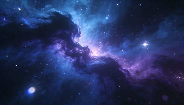 Swirling luminous nebula with blue purple glow and stellar filaments in deep space