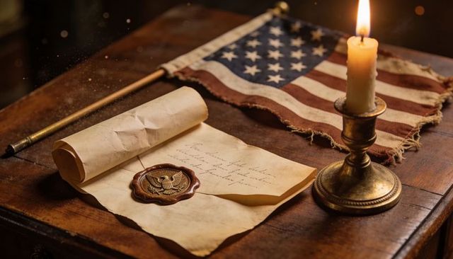 Wax-Sealed Parchment with Eagle Emblem, Worn American Flag on Antique Desk by Candlelight